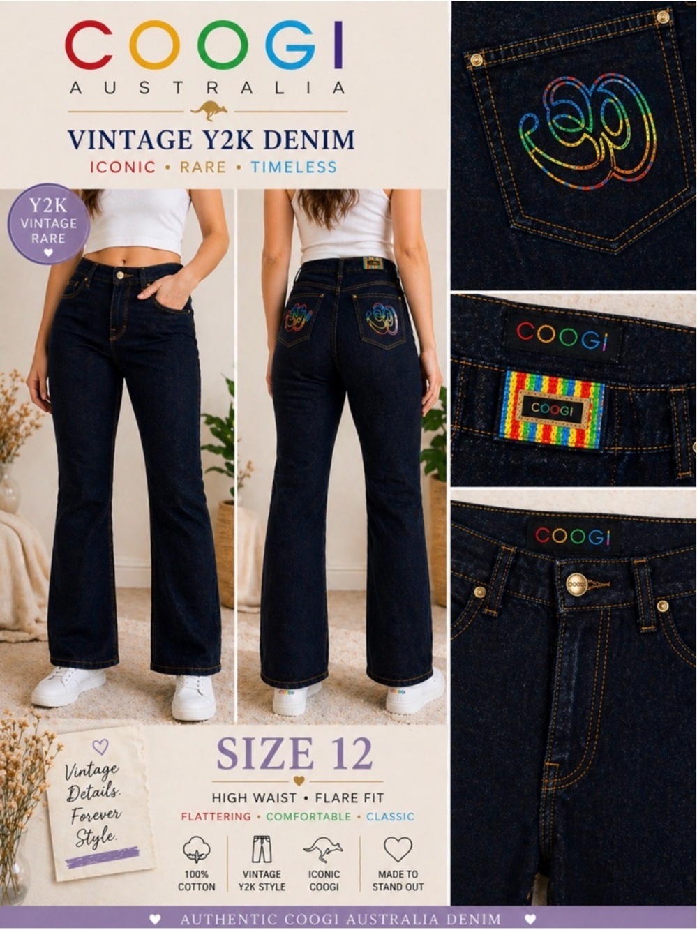 COOGI Australia Y2K Dark Wash Jeans Rainbow Embroidered Straight Leg 12